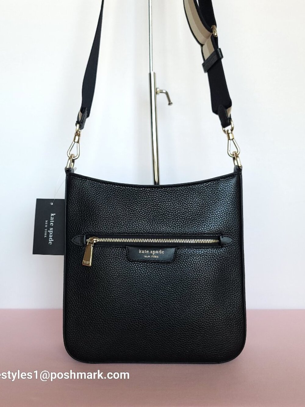 KATE SPADE Hudson Pebbled Leather Messenger Crossbody Bag- Black color⭐ - Picture 6 of 16